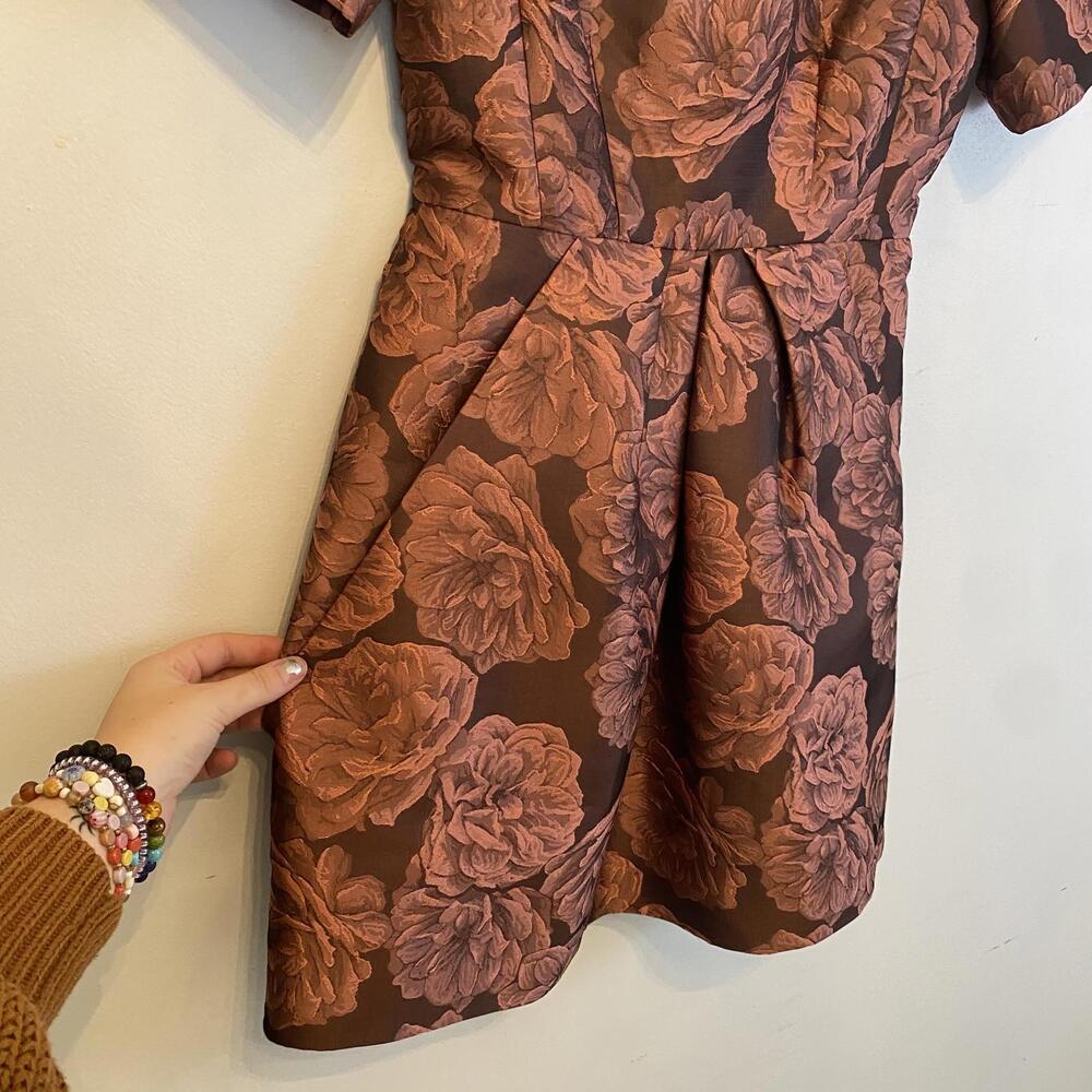 GAL MEETS GLAM brown bronze Ingrid floral shirt sleeve mini dress sz 4P - Picture 3 of 7